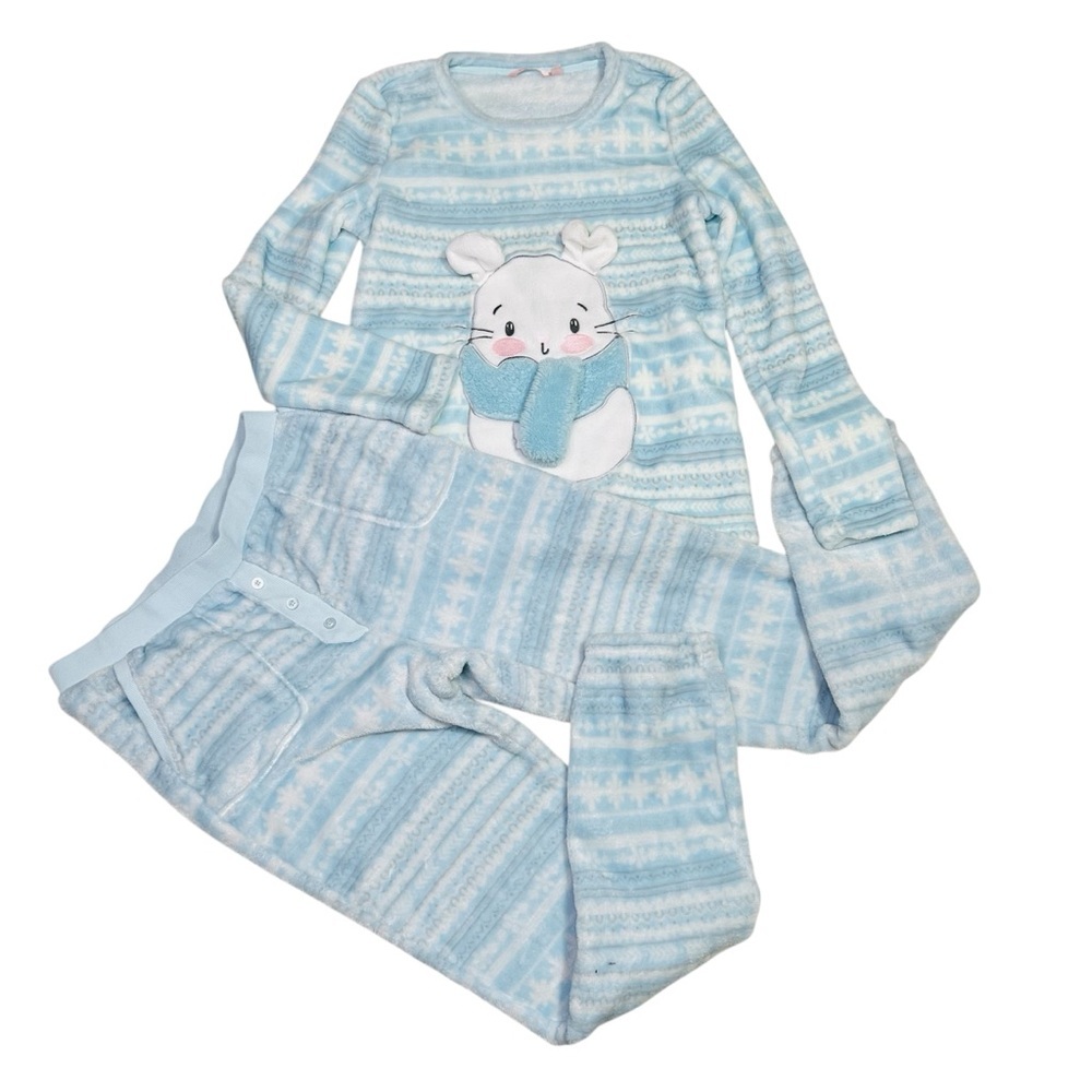 La Vie En Rose Light Blue Fleece Plush Pajama Set with Chinchilla Design